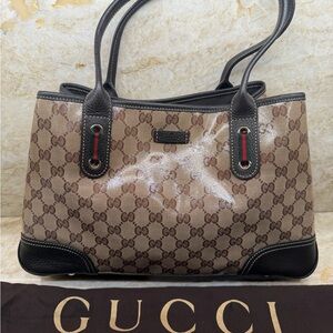 Gucci Brown GG Canvas Tote with Brown Leather Trim and Green and Red Stripe